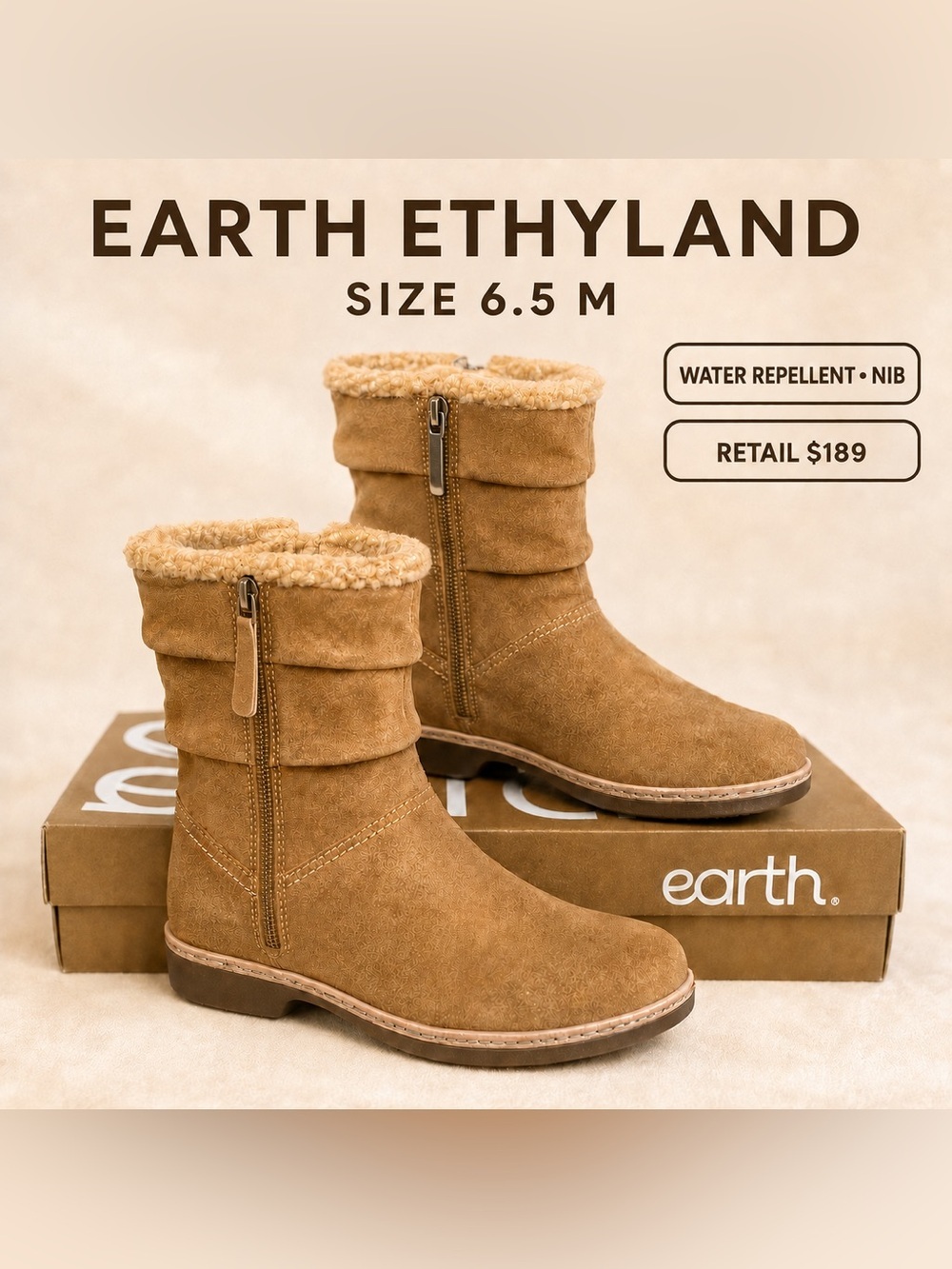 Earth Ethyland Suede Boots 6.5 M  Natural Tan Faux Fur Cozy Water-repellent NIB